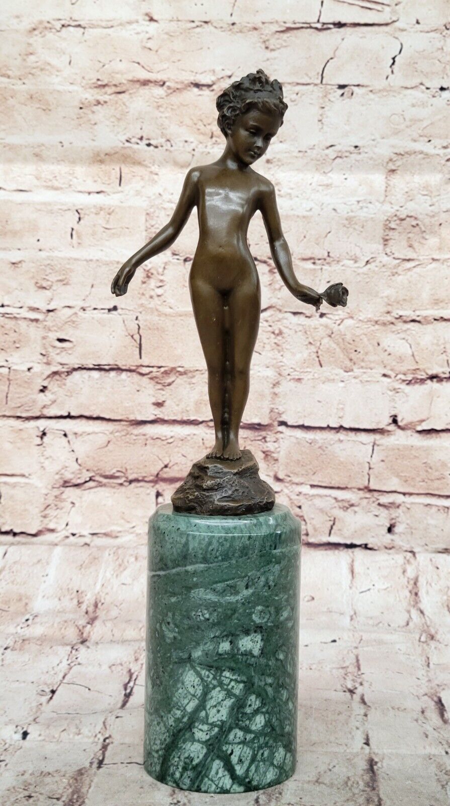 Art Deco Nude Girl Holding Rose Flower Bronze Sculpture Statue Figurine Art Deco