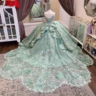 Mint Green Quinceanera Dresses Ball Gown Appliques Lace Beading Spaghetti Strap