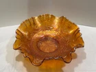 Vintage FENTON "Dragon & Lotus” Marigold Iridescent Carnival Glass Ruffled Bowl