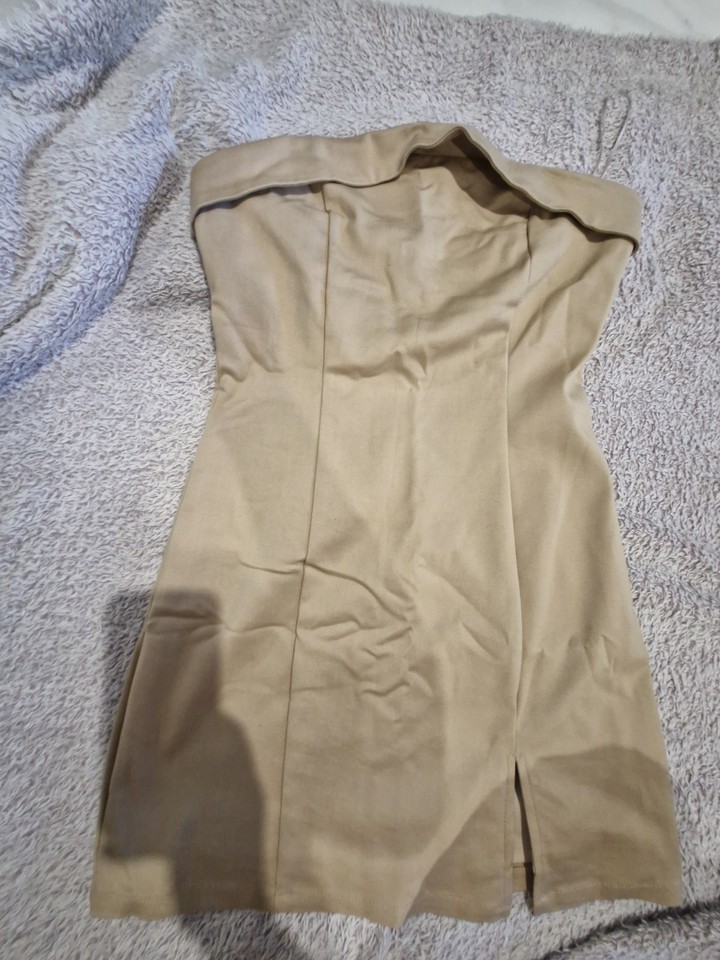 Ally Y2k nude/beige boobtube bodycon mini dress 10 stretch knit zip closure