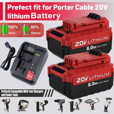 2-PACK 8.0Ah Lithium Battery For Porter Cable 20V MAX PCC685L PCC680L OR Charger