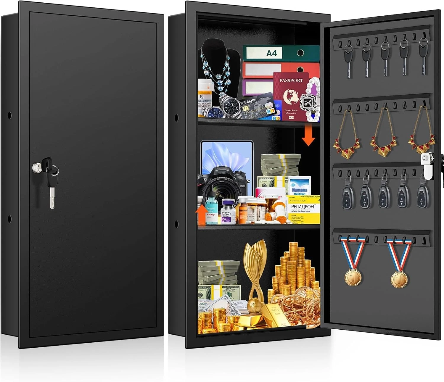 25.6" Tall Wall Safes Between the Studs with 2 Removable 25.6 Tall, Black