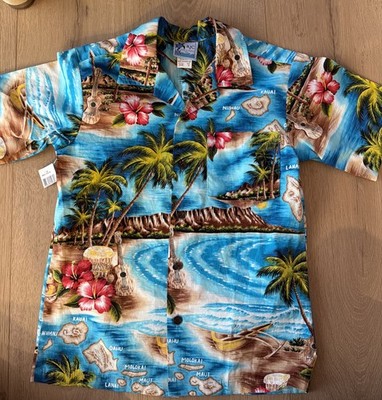RJC Shirt Boys 12 Hawaiian Blue Island Hibiscus Maps Button Short Sleeve Pocket