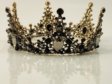 Vintage Style Crown Tiara Gold Tone Black Rhinestones Costume Crown 5" Inside