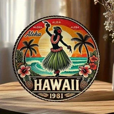 2D FlatVintage Hawaiian Style Aluminum Wall Art, 8.0Inch Round Durable And Easy