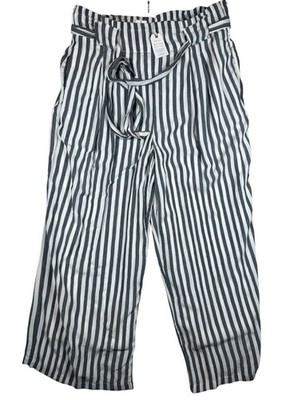 AE Linen-Look Wide Leg Striped Pants Womens L Paperbag Waist  NWT Coastal Chic