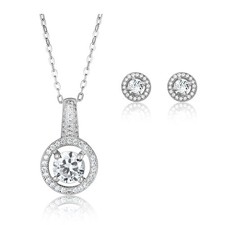 AVORA 925 Sterling Silver Cubic Zirconia CZ Halo Pendant Necklace and Stud
