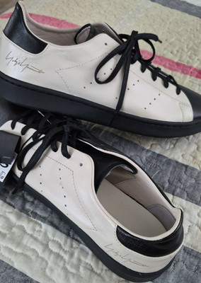 Yohji Yamamoto White Black Leather Lace-Up Low Top Men's Sneakers