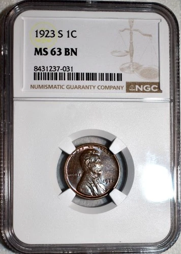 NGC MS-63 BN 1923-S Lincoln Cent, Attractively Toned, Blazing, Scarce Date!