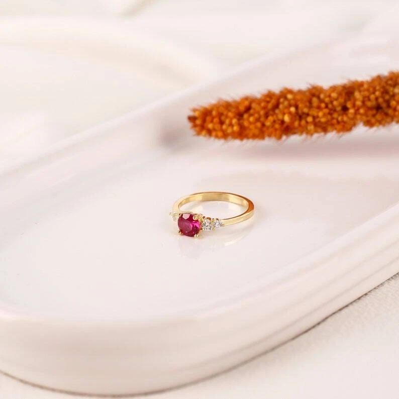 gold ring 14k Round Ruby Ring • Round Cut Ruby Ring • Ruby Birthstone Ring - Image 3 of 4