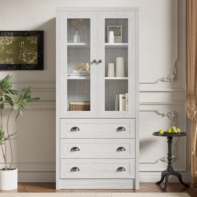 Hochschrank Vitrine Vitrinenschrank mit 2 Glastüren & 3 Schubladen Buffetschrank