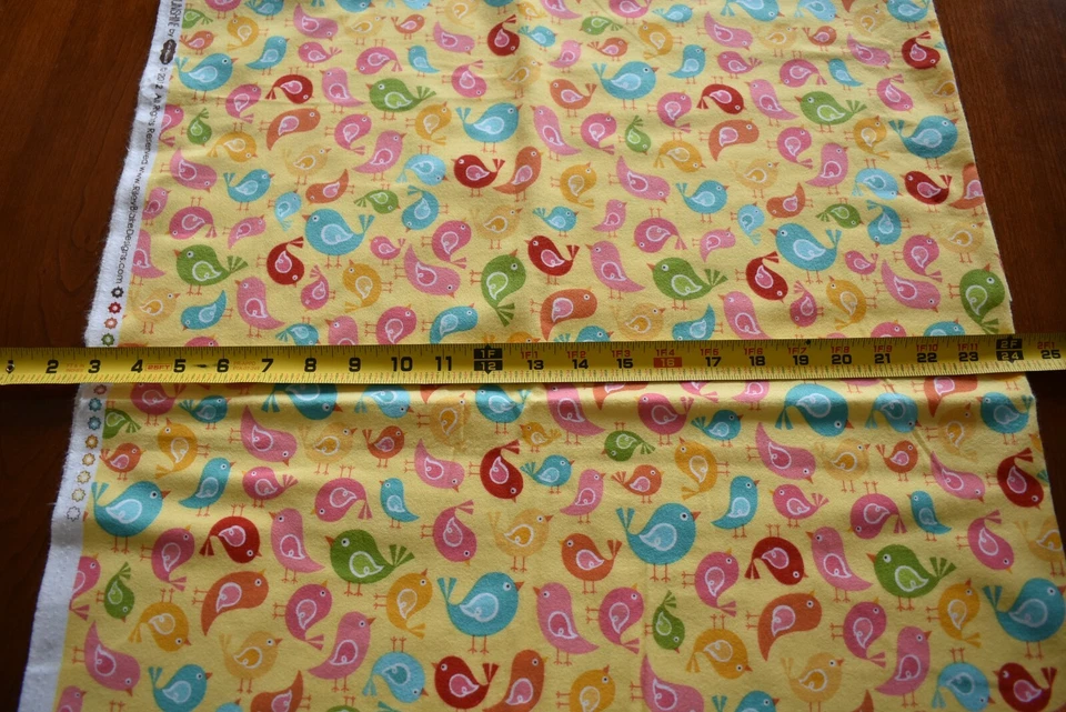 18" Long, Colorful Birds on Yellow Cotton Flannel, Riley Blake, Whitlock, N4760 - Image 3 of 4