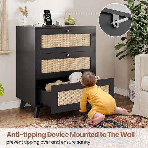 Black Rattan Nightstand & Charging Station, Natural Rattan NightStand & Drawers - Picture 5 of 8