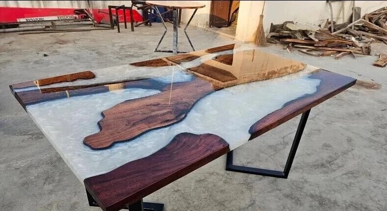 White Epoxy Resin Dining Table Top, Wooden Epoxy Center Table Top Furniture Deco - Image 3 of 4