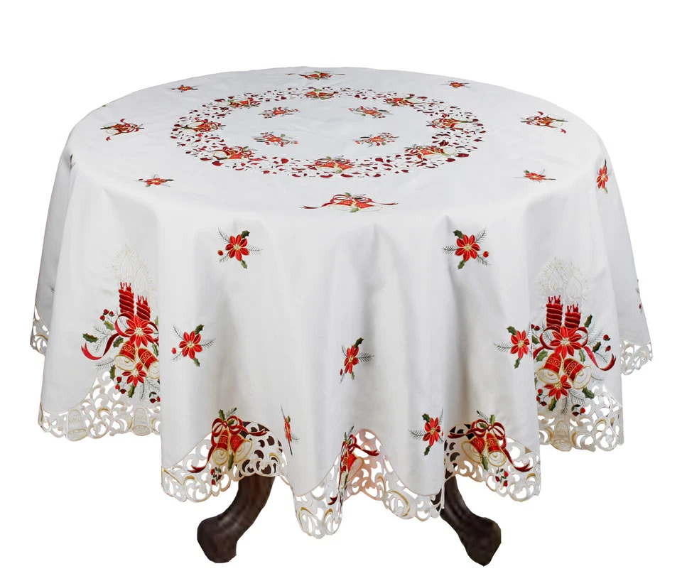Holiday Christmas Embroidered Poinsettia Bell Tablecloth & Napkins White 6625W - Image 4 of 4