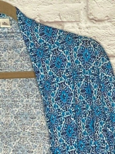 Medium/Large New Turquoise Blue White Linen Print Cardigan Sweater Jacket Blazer - Picture 5 of 12