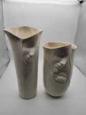 2 Porcelain Ceramic Mother & Child Face Vase Rose See Pictures For Details 