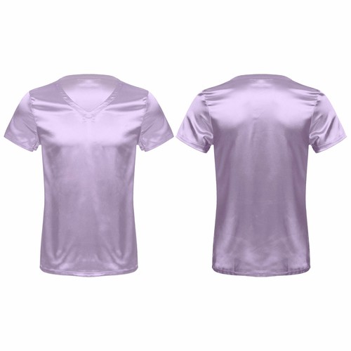 Men's Women Satin T-Shirts V Neck Short Sleeve Soft Loose Pajamas Tops Nightwear - Picture 55 of 66