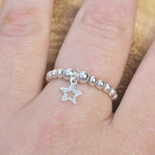 Sterling Silver Beaded Ring with Open Star Charm Stretch Stacking Thumb Ring