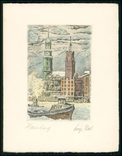 Etching sheet size: 14 x 11 cm - Hamburg, Harbour with Michel and Kehr Wiederspitze