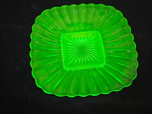 Green Uranium Glass Vaseline 8" Square Plate Depression Ribbed/Starburst