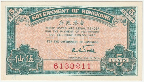 Hong Kong 5 Cents Banknote 1941 Uncirculated Condition Pick#314 One of Key Dates