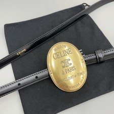 Women's Celin e 1.3cm/0.51in Black Leather Belt gold retro oval badge buckle