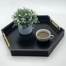 Serving Tray with Polished Metal Handles, Hexagon Coffee Table Tray, Modern R...