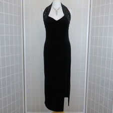 Hamells Dress UK 10 Black Halter Neck Sequins Velvet Front Split Open Back VTG