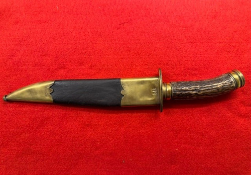 QUALITY STAG HANDLED BOWIE, BRASS FITTINGS, DATED 1865, WITH SHEATH (965)