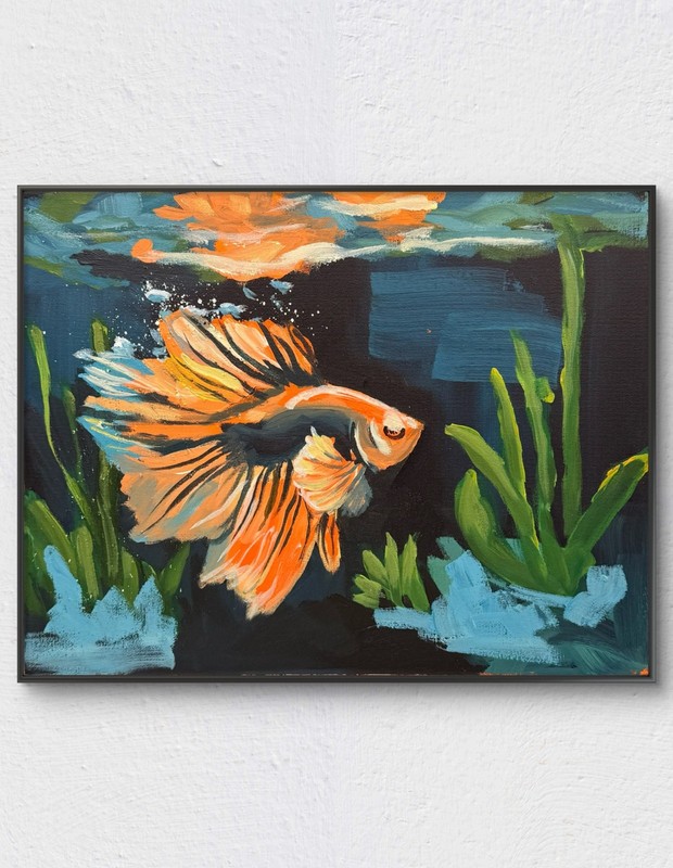 Colorful Betta Fish 11x14 Original Acrylic Aquarium Painting R Stevens 