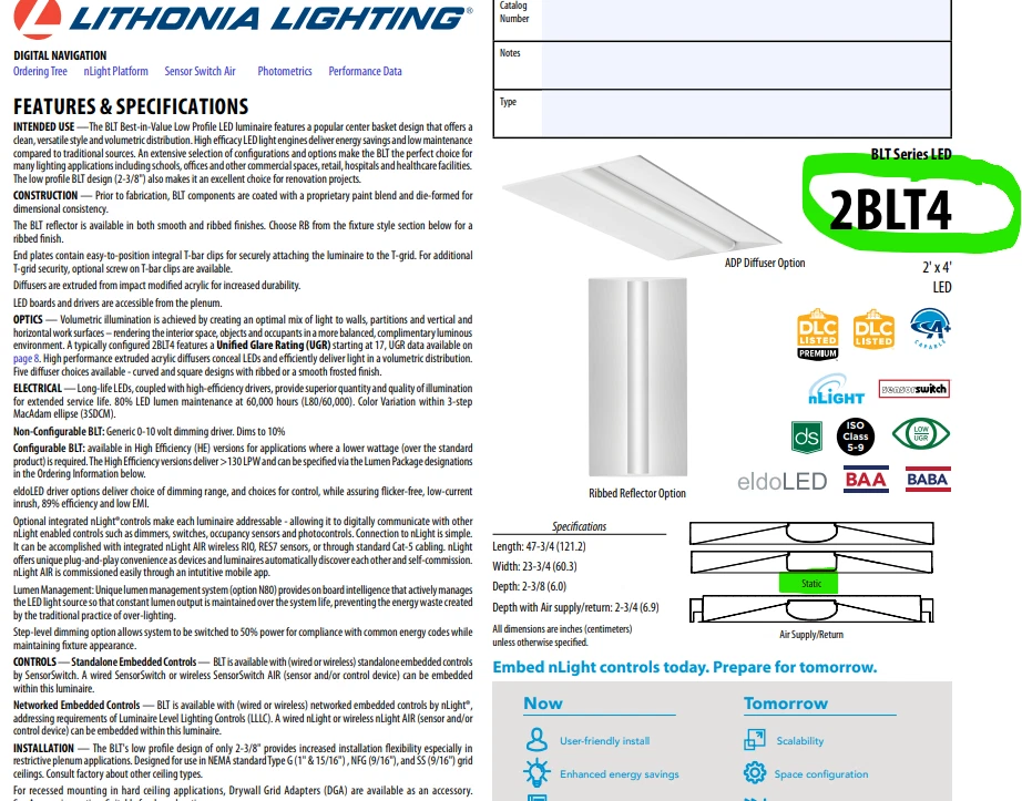 Lámpara Troffer empotrada regulable 2x4 LED 4800 lúmenes 4000K 90CRI 120/277 Foto 3 de 4