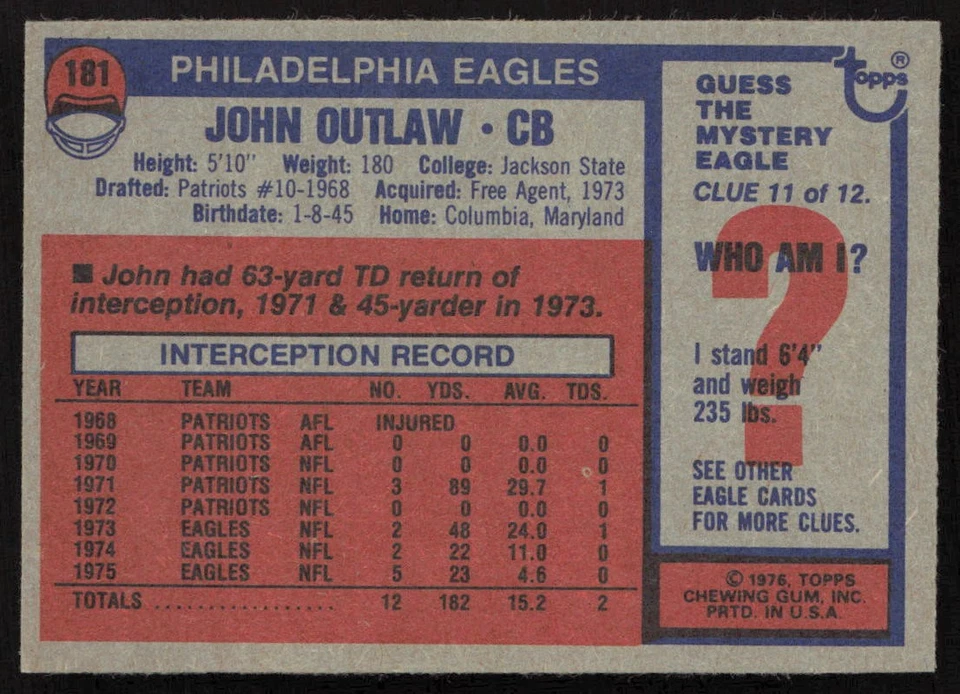1976 Topps John Outlaw #181 Philadelphia Eagles - Image 2 of 2