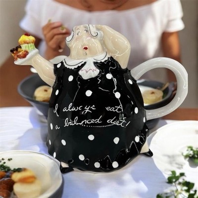 RARE Vintage Mud Pie Fat Lady Tea Pot  I Always Eat A Balanced Diet 