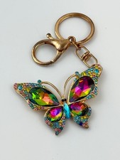 Rainbow Crystal Butterfly Keychain Rhinestone Gold Tone Purse Charm