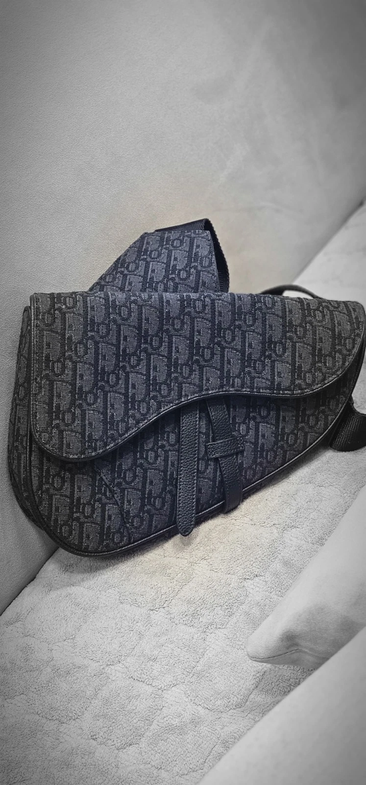 Sacoche de selle Christian Dior gris foncé toile oblique