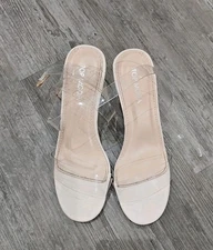 Ladies 7 Clear Lucite Strappy Block Heels Nude Sole Ankle Strap Top Moda