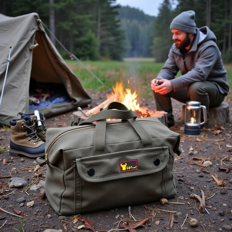 Waxed Canvas Military Duffle Bag, Water-Resistant, Adjustable Strap, Double Z... - Image 3 of 4