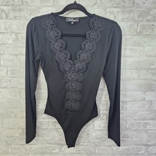 New Lulus Black Lace Ribbed Long Sleeve Bodysuit Women's Size XS