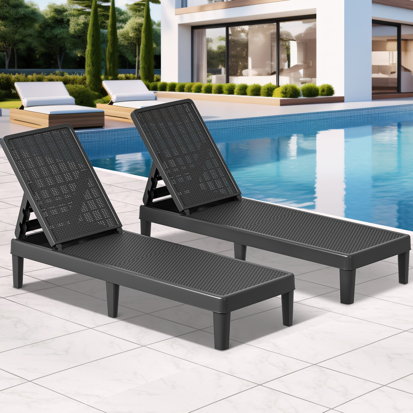 Outdoor Waterproof Resin Chaise Lounge Recliner Patio Chairs Black 2-Pack