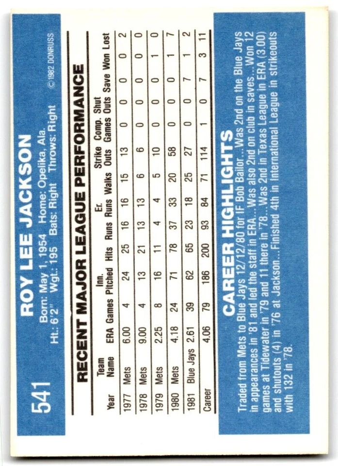 1982 Donruss Roy Lee Jackson . Toronto Blue Jays #541 - Image 2 of 2