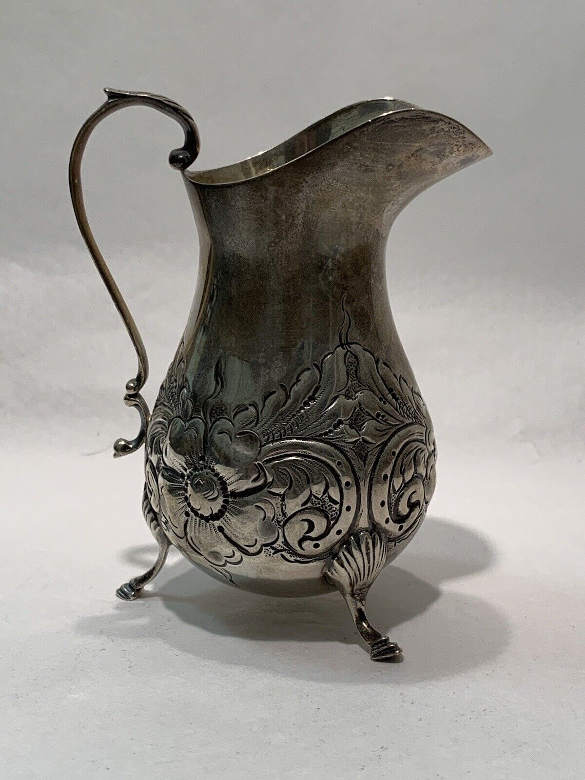 American Georgian Footed Chased Sterling Silver Milk Jug Pitcher Creamer 4 3/4”