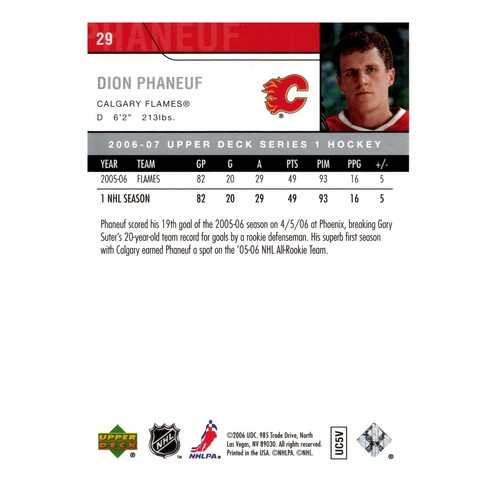 Tarjeta de hockey #29 Calgary Flames 2006-07 NHL Upper Deck Series 1 - Dion Phaneuf - Imagen 2 de 2