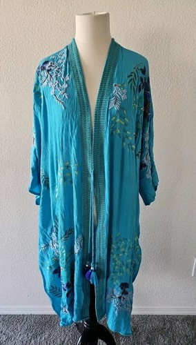 Chicos Blue Embroidered Kimono Cardigan Duster Size L/XL Read Descript
