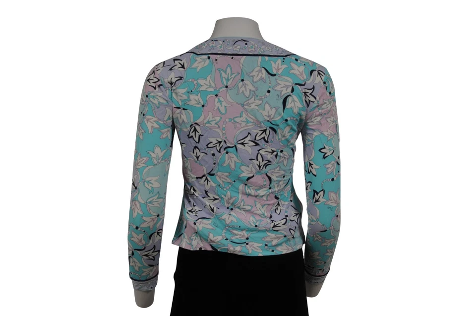 Top Emilio Pucci Floral Cuello en V Talla US8 IT38 Azul Púrpura Rosa Viscosa Manga Larga Foto 2 de 4
