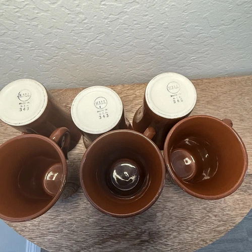SET OF 6 VINTAGE  HALL # 343 Cups Mugs BROWN GLAZED Coffee / Cappuccino USA 4.5”