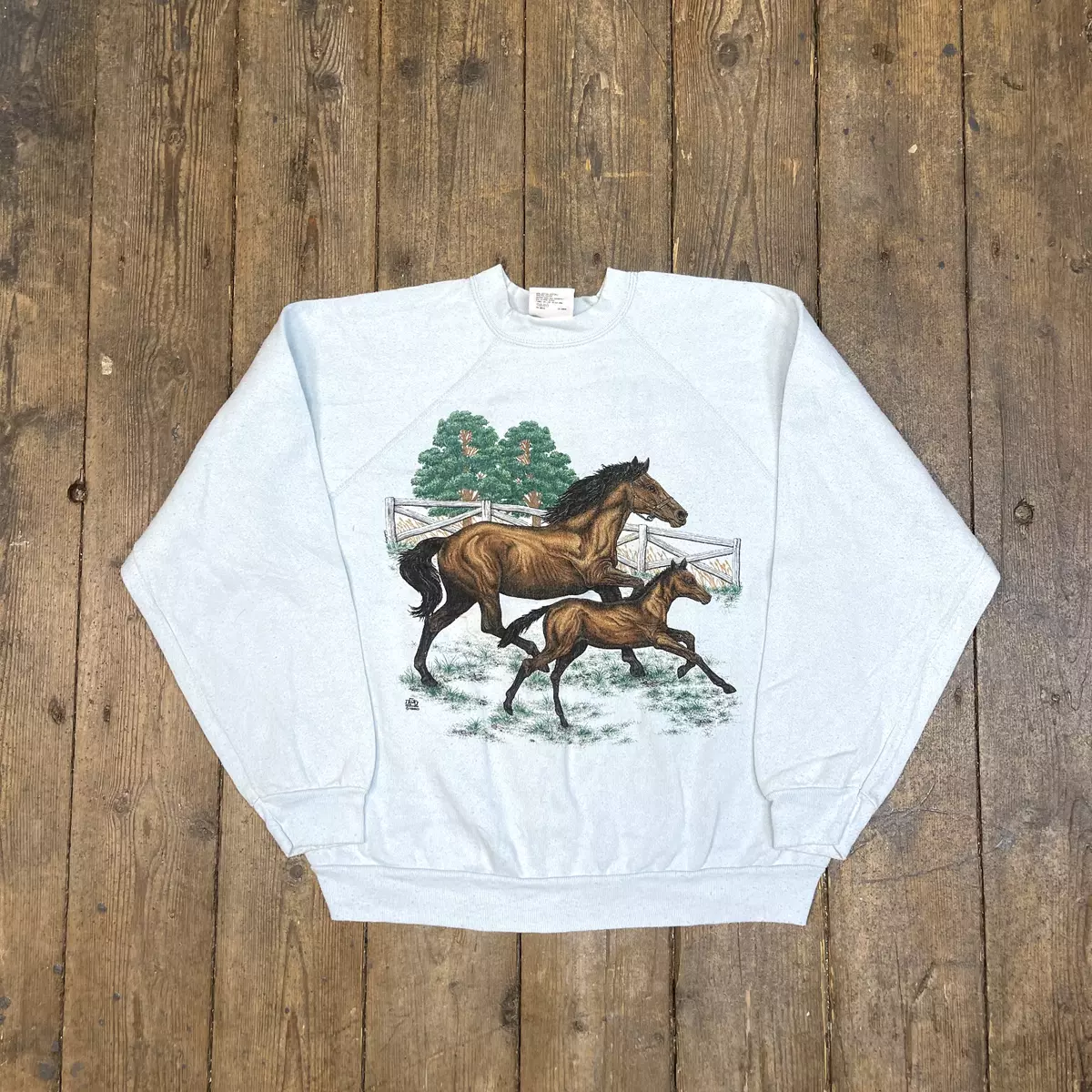 Vintage Sweatshirt Y2K Horse Graphic Crew Neck Jumper Blue Mens