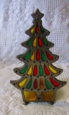 Vintage  Tiffany Style Stained Glass Christmas Tree Candle Holder Cast Iron Taiw