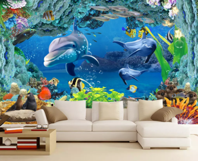 Papier Peint 3D Happy Dolphin R3154 – Motif Mural, Coloré, Pour Toute Pièce, Effet Planche