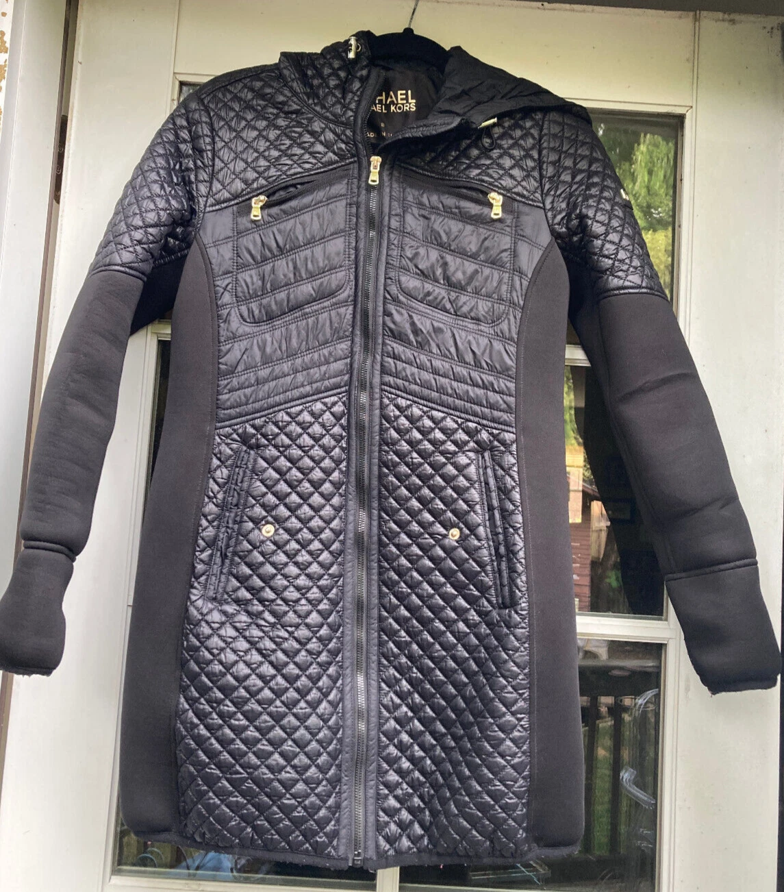 Giacca trapuntata media mista Michael Kors taglia S con cappuccio e maniche in neopreen